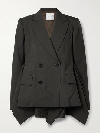sacai Blazer Doppiopetto In Lana Principe Di Galles Drappeggiato Glen - Verde