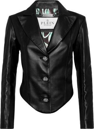 Philipp Plein Jassen, Dames, Zwart, S, Leer, Vintage Leather Blazer LS Flame