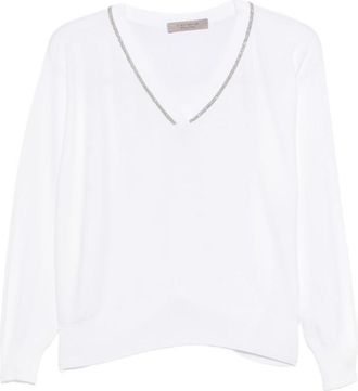D.exterior White V-Neck Full Sleeves Sweater
