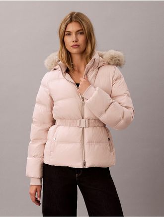 Calvin Klein Womens Matte Belted Short Puffer Jacket - Pink - XL