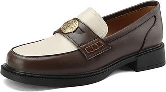 Generic Womens Classic Oxford-Style Loafers Two-Tone Slip-On Shoes Round Toe Metal Coin Accent Low Block Heel Dress and Office Shoes,Brown,6.5 UK