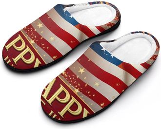 Generic Fireworks Fourth of July U.S. Flag Mens House Slippers Memory Foam Washable Cotton Slip on Home Shoes