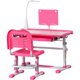 HOMCOM Homcom - Set Banco Scuola per Bambini con Sedia Regolabile, Cassetto e Luce Rosa