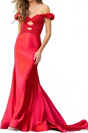 Sherri Hill Keyhole Bodice Off The Shoulder Dress In Red/red
