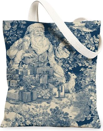 Generic Christmas Santa Canvas Tote Bags, Vintage Design Reusable Grocery Bags, Classic Floral Lightweight Washable Shoulder Strap, Navy, 13x15 Inch
