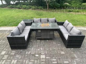 Fimous 9 Seater Rattan Garden Furniture Sofa Set Outdoor Patio Gas Fire Pit Dining Table Gas Heater Burner in Dark Grey