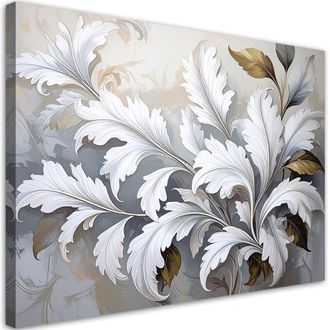 Feeby Cuadro En Lienzo Hojas De Acanto Laurel Blanco Y Beige 100x70