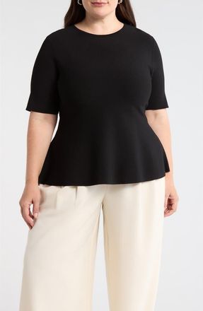 Nordstrom Short Sleeve Peplum Sweater in Black at Nordstrom, Size 1X