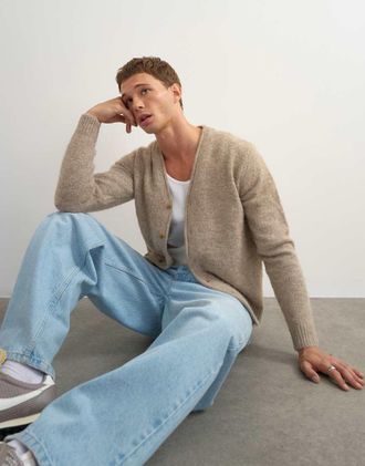 Topman cardigan lavorato a maglia spazzolato vestibilit&agrave; classica color oatmeal-Marrone