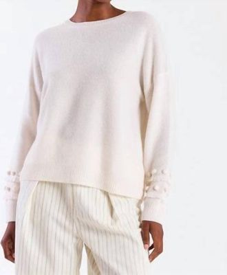 Brodie Paula Pom Sleeve Crew Sweater In Organic White