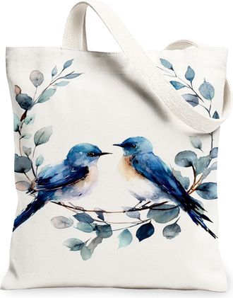 Generic Birds Floral Canvas Tote Bags, Elegant Watercolor Design Reusable Grocery Bags, Lightweight Washable Shoulder Strap Canvas, White, 13x15 Inch