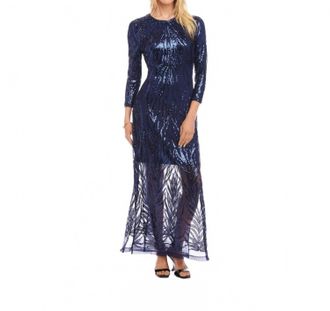 Karen Kane 3/4 Sleeve Sequin Side Slit Dress In Navy