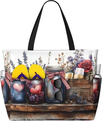 Generic Flowers Hearts Vase Print Large Beach Bag Foldable Travel Shoulder Tote Bag With Pocket For Weekender Pool Vacation
