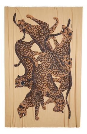 Saint Laurent Leopard Print Wool Fringe Scarf in Shell/Multicolor at Nordstrom