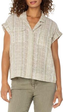Liverpool L.A. Stripe Eyelet Cotton & Linen Camp Shirt in Green/tan Stripe at Nordstrom Rack, Size X-Small