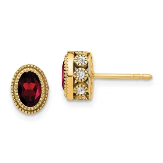 Diamond2Deal 14k Yellow Gold Oval Garnet and Diamond Stud Earrings