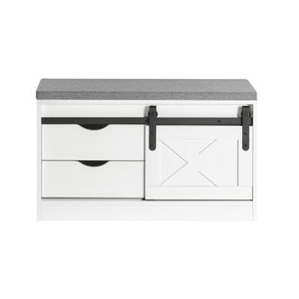 SoBuy Banco Zapatero Con Puerta Corrediza De Granero Armario Multifuncional De Asiento Para Entrada Con 2 Estantes Y 2 Cajones Blanco 80 X 30 X 49 Cm Fsr153