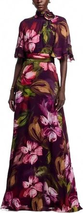 Teri Jon Womens Floral Flutter Sleeve Mock Neck Gown In Red
