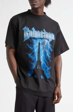 Balenciaga Paris Thunderstorm Oversize Graphic T-Shirt in 1000 Black at Nordstrom, Size Xx-Large