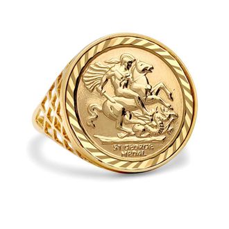 Jewelco London 9ct Gold St George Dragon Slayer Basket Full-Sovereign-Size Ring | Size: U