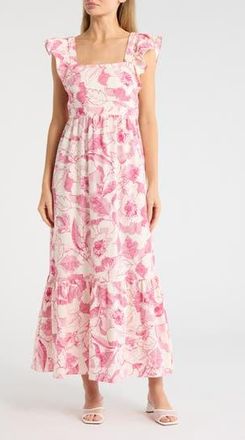 London Times Ruffle Sleeve Square Neck Maxi Dress in Soft White/Rose at Nordstrom Rack, Size 16