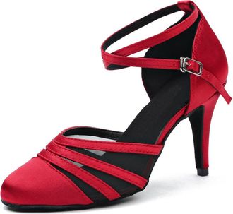 Minitoo Womens Latin Salsa Closed Toe Satin Mesh Ballroom Dance Shoes Party Pumps L189 Red UK 5.5