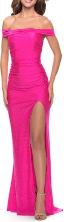 La Femme Rhinestone Off the Shoulder Dress with Lace Up Back in Neon Pink at Nordstrom, Size 12