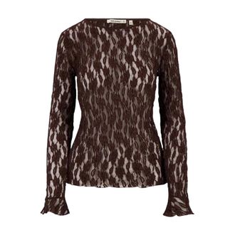 Zusss Stretch kanten top met ruchesmouw - Dames - Tops - Bruin - Maat: L Polyamide