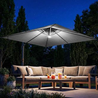 OUTSUNNY 3 x 3 m Garden Cantilever Parasol w/ Light, Cover, Wind Protection in Light Grey | Size: 3m x 3m