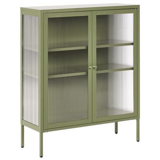 Beliani Aparador Vitrina Industrial Moderno De Acero 2 Puertas Y Elementos De Vidrio Verde Lerryn