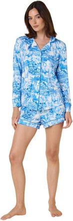 The Cats Pajamas Pima Knit Long Sleeved Short Set in Palm Grove Blue at Nordstrom, Size X-Small