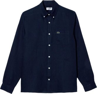 Lacoste Blauw Linnen Overhemd met Korte Mouwen - Heren - Casual Overhemden - Blauw - 3XL - Linnen - Overhemden
