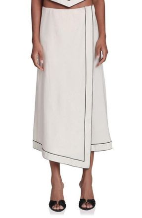 Avec Les Filles Asymmetric Faux Wrap Midi Skirt in Oatmeal-Black at Nordstrom, Size Small