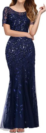 Generic Long Evening Sequin Dresses for Women UK Elagant Short Sleeve Long Dresses Mermaid Sequin Tulle Prom Evening Dress Party Club Slim Fit Dress A Line Fl