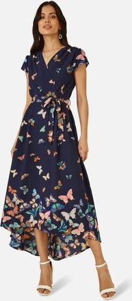 Yumi Butterfly Print Dip Hem Midi Wrap Dress in Navy at Nordstrom, Size 12