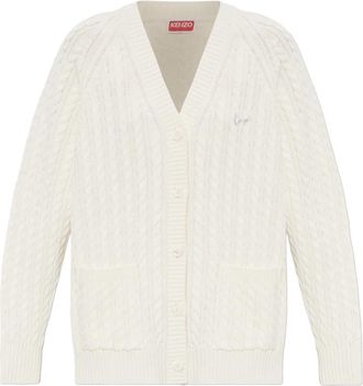 Kenzo Gebreide Cardigan met Rolkraag en Decoratieve Steken - Dames - Vesten - Beige - M - Katoen - Truien & Vesten