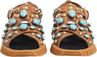 Dolce & Gabbana Brown Leather Studded Slides Sandals Mens Shoes