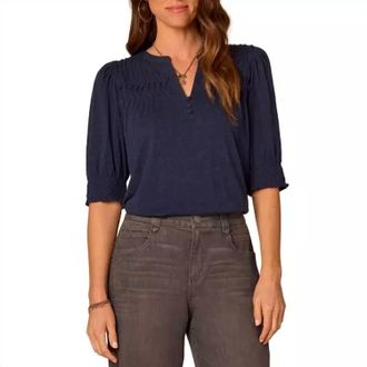 Democracy Mandarin Collar Top With Elbow Blouson Sleeve And Pintuck Detail In Heather Midnight
