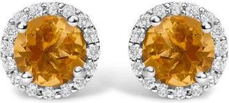 House of Brilliance 10K Gold Gemstone and 1/6 Cttw Diamond Halo Stud Earring in White | Orange Citrine at Nordstrom