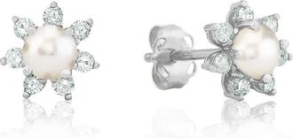 MAX + STONE 14k Yellow or White Gold Gemstone and 4mm Diamond Flower Halo Stud Earrings