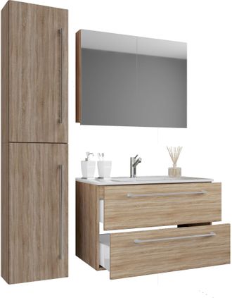 ebuy24 Ebuy24 - Vcm 4 Piezas Lavabo Lavabo Gabinete Inferior Ancho 80 Cm Muebles De Ba&ntilde;o Conjunto Con Cajones Puertas Giratorias Gabinete De Espejo Badinos (