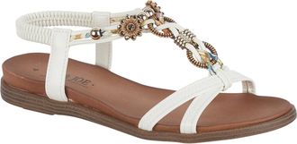 Jo & Joe Ladies Braided T-Strap Design Embellished Trim Elasticated Back Strap Flat Sandals (White Flower, UK Footwear Size System, Adult, Women, Numeric, Medi