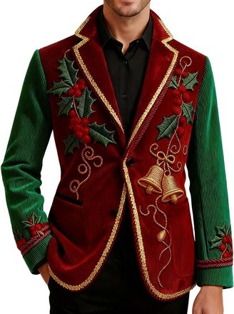 Generic Mens Christmas Blazer Corduroy Jacket Ugly Christmas Blazer Jackets Xmas Festive Costume Slim Fit Single-Breasted Suit Jacket Novelty Xmas Tuxedo Holi