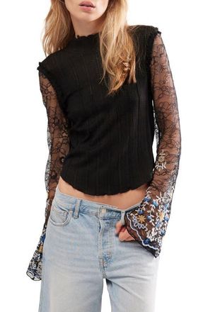 Free People Dont Blame Me Sheer Lace Sleeve Rib Top in Black Combo at Nordstrom, Size Small