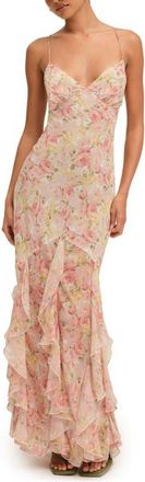 For Love & Lemons Elea Floral Ruffle Open Back Maxi Cocktail Dress in Peach at Nordstrom, Size Large