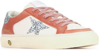 Golden Goose Womens May Leather Upper And Toe Glitter Star Heel Whitebordeauxsilver Sneaker