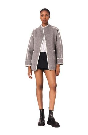 Maje Double-faced coat with trim in Grey/white at Nordstrom, Size 34 Eu