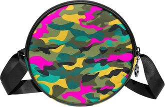 Generic Circle Crossbody Bag for Women, Colorful Camouflage Small Sling Bag Daypack with Zipper Adjustable Shoulder Straps Casual Ladies Girls Round Purse