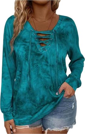 Generic Ladies Plus Size Tops, Womens Color Block Long Sleeve Shirts Tie-Dye Printed Casual V Neck Tunics Autumn Winter Clothes XL-5XL, Green,4XL,u767k