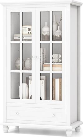 Costway Costway - Vitrinas Para Salon, Libreria Con Puertas De Vidrio Templado, 3 Estantes Ajustables, 1 Caj&oacute;n, Aparador Salon Cocina Oficina, Blanco, 80 X 40